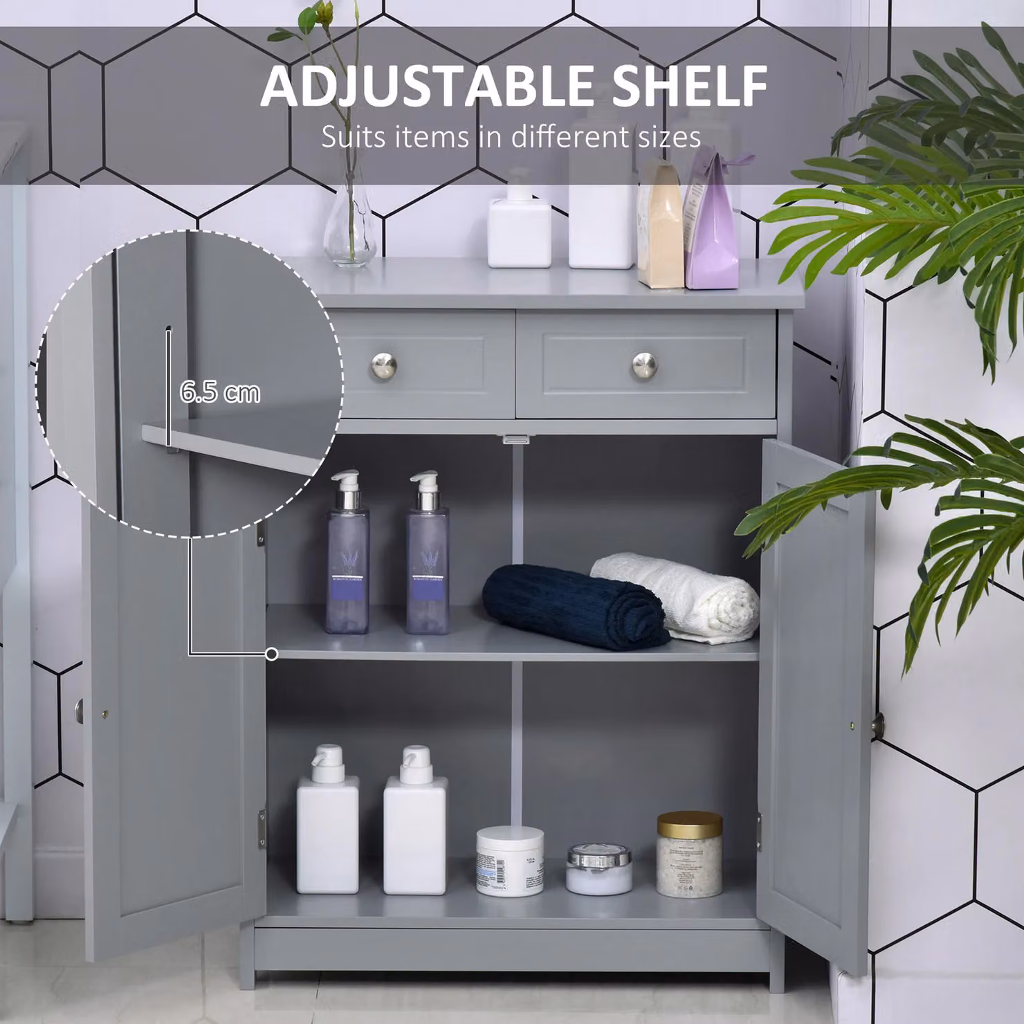 Kleankin Grey Freestanding Bathroom Floor Storage Cabinet with 2 Drawers and Hinged Doors – 3
