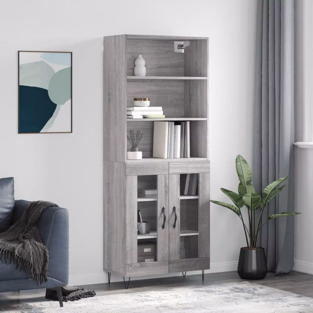 Berkfield Home Modern Grey Highboard with Glass Doors, W/D/H: 69.5 x 34 x 180 cm – 2