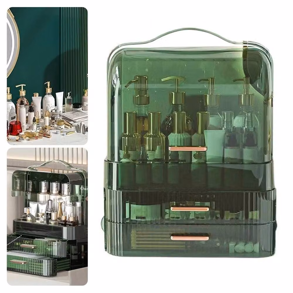 VOGREX Green Transparent Large Dustproof Makeup Organiser with Drawers, W: 34.7 cm, D: 18.2 cm, H: 26.5 cm – 3