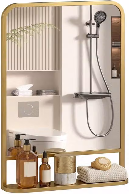 VOGREX Rectangular Wall Mirror with Shelf in Gold, W: 70 cm, H: 50 cm