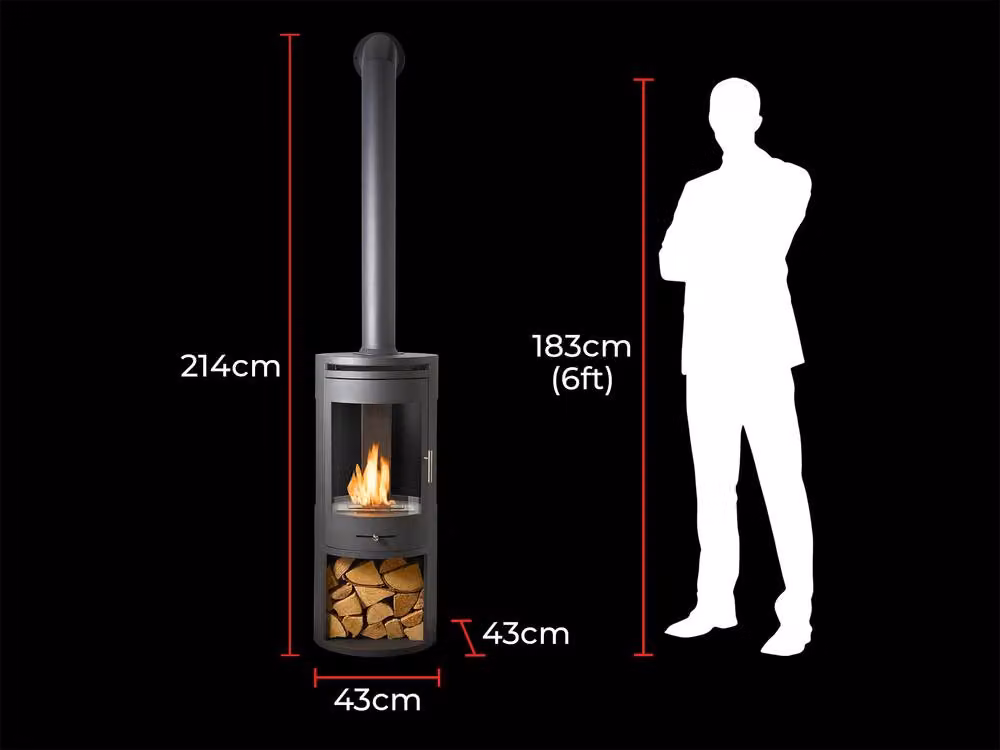OKO S7 Bio Ethanol Panoramic Stove with Log Storage and Extra Tall Metal Pipe in Dark Grey – 5