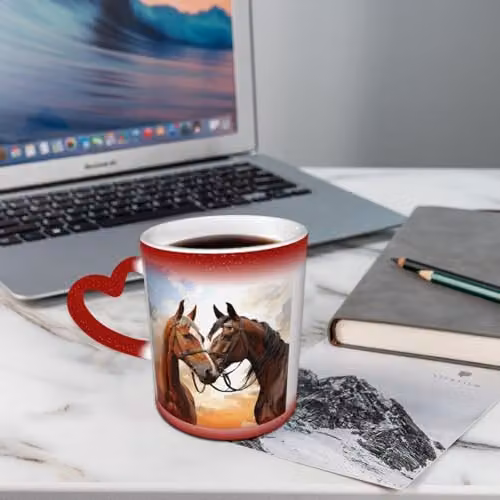 Oudrspo Couple Horse Heat Sensitive Colour Changing Ceramic Coffee Mug, Red and Multicolour, 12 oz – 2