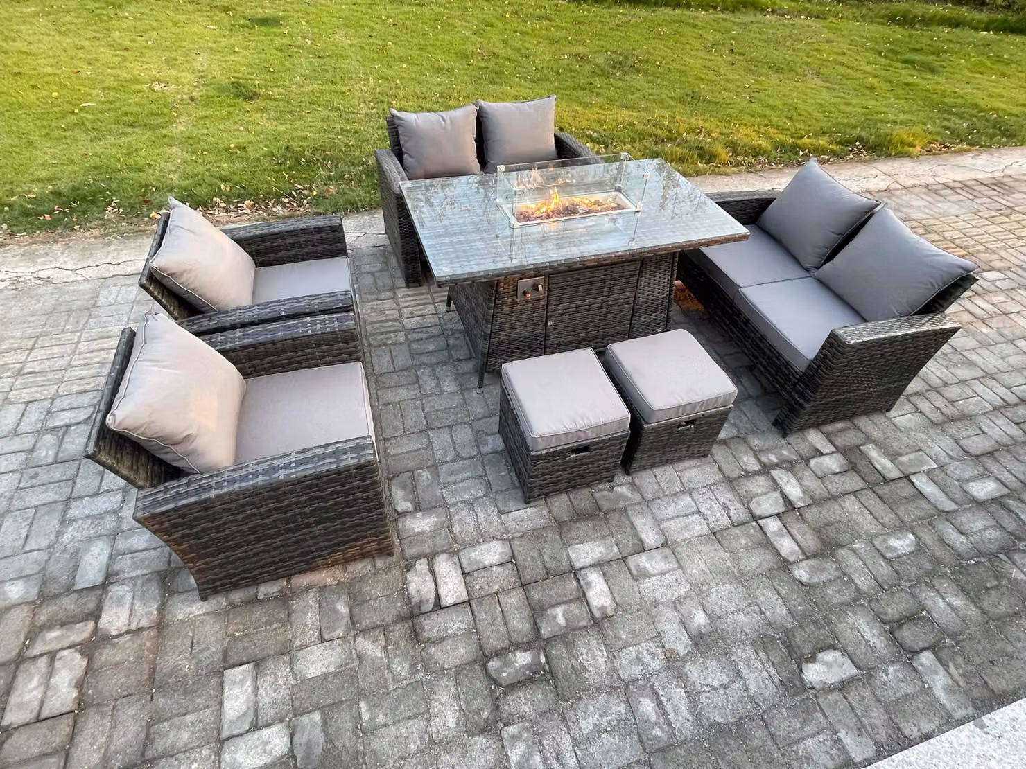 Fimous Dark Grey PE Rattan Garden Furniture Set with Gas Firepit Dining Table and Double Seat Sofa