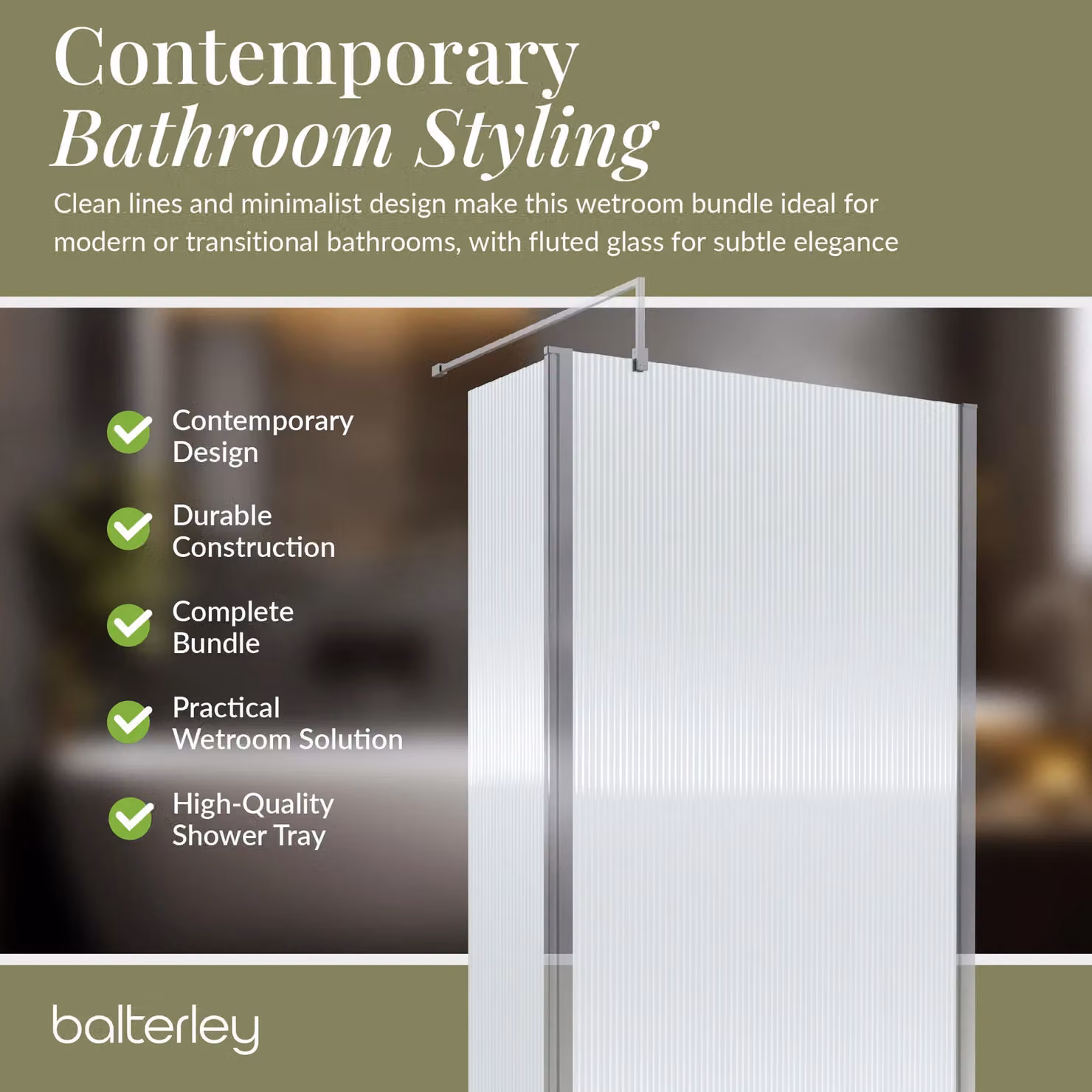 Balterley 8mm Fluted Glass Walk-in Wetroom Screen with Return and Tray, Silver, W: 1400 mm, D: 900 mm – 4