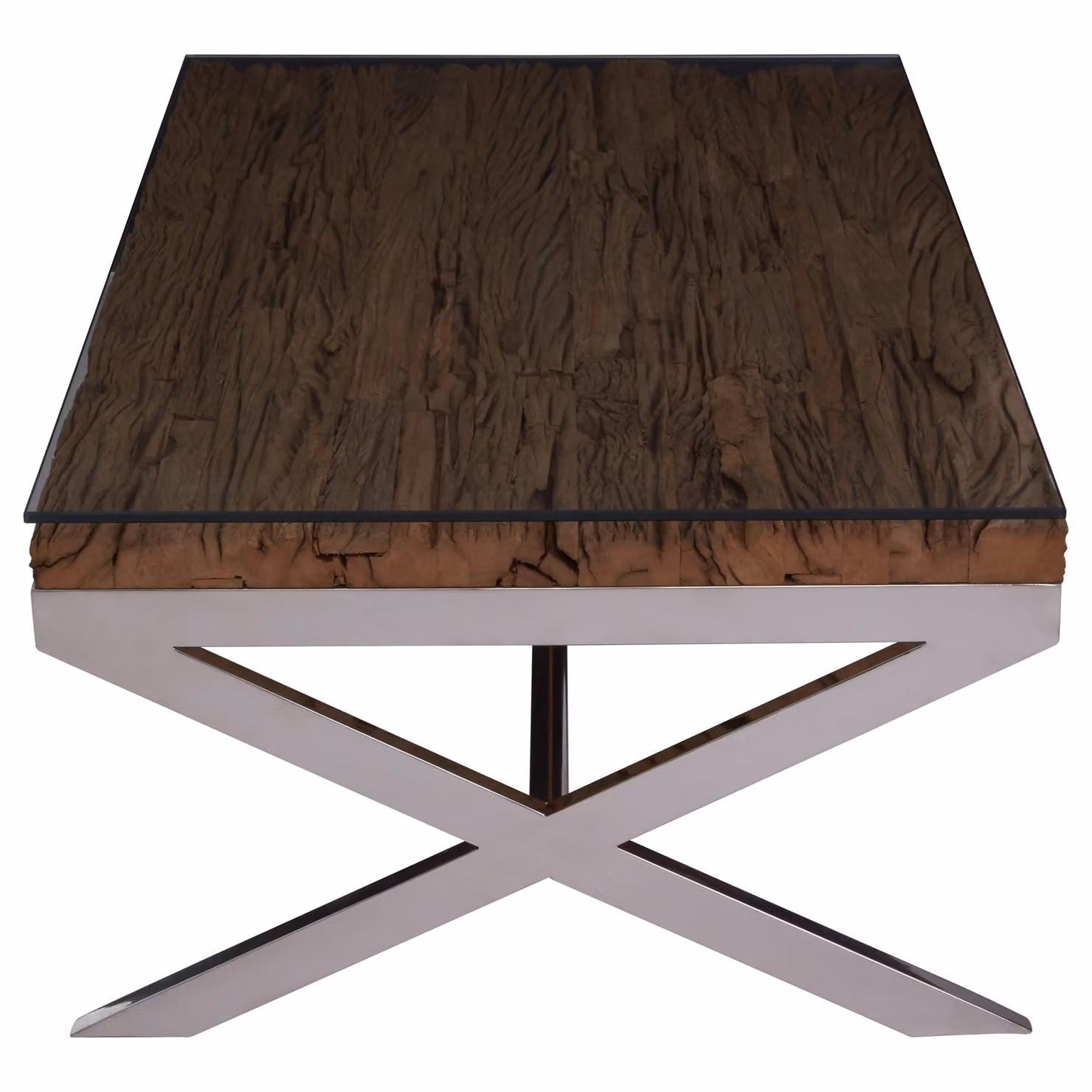 Orsina Rectangular Mango Wood and Glass Coffee Table with Silver X-Frame in Brown and Silver – 2
