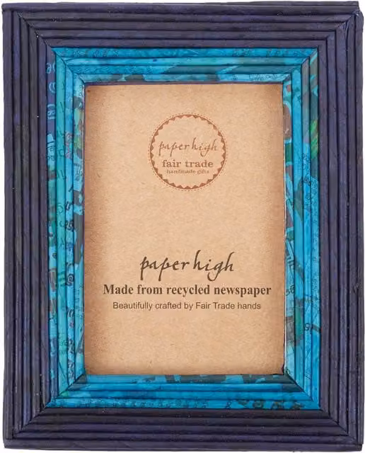 Paper High Reclaimed Newspaper Single Photo Frame in Blue, Rectangular Tabletop Design, W/D/H: 20.0 x 1.6 x 25.3 cm
