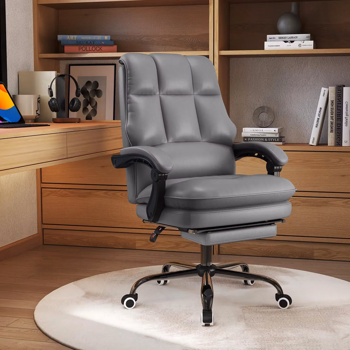Costway Ergonomic Grey PU Leather Office Chair with Swivel Seat and Headrest – 2