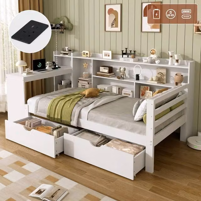 Matteo Single Solid Wood Storage Daybed with Desk, Charging Station and Drawers in White, 90 x 190 cm – 1