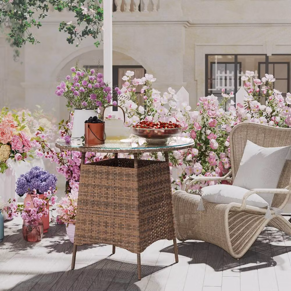 ERGOVEXA Brown Round Polyrattan Wicker Garden Table with Glass Top – 5