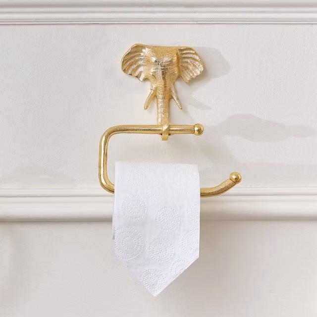 Melody Maison Metallic Gold Elephant Wall Mounted Toilet Roll Holder W: 18 cm, H: 19 cm