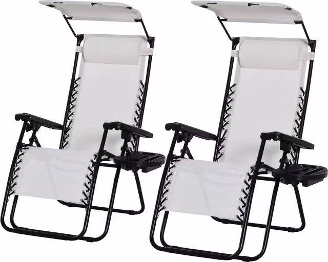 Outsunny 2 Piece White Foldable Reclining Garden Chair Set with Adjustable Headrest, Sun Canopy, Armrests and Footrest