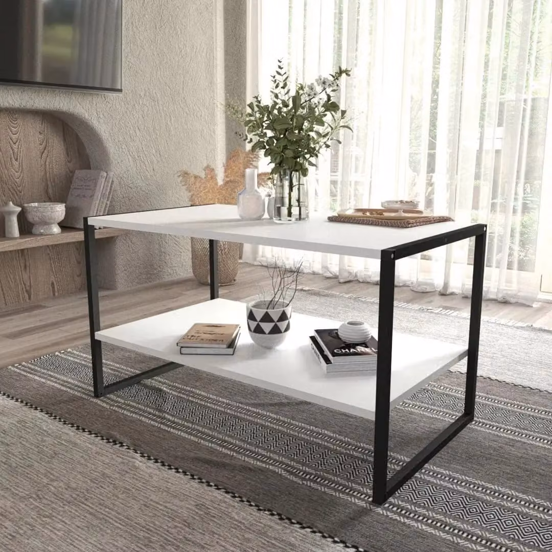 EONLION Modern White Wood and Metal Coffee Table with Open Shelf Storage – 2