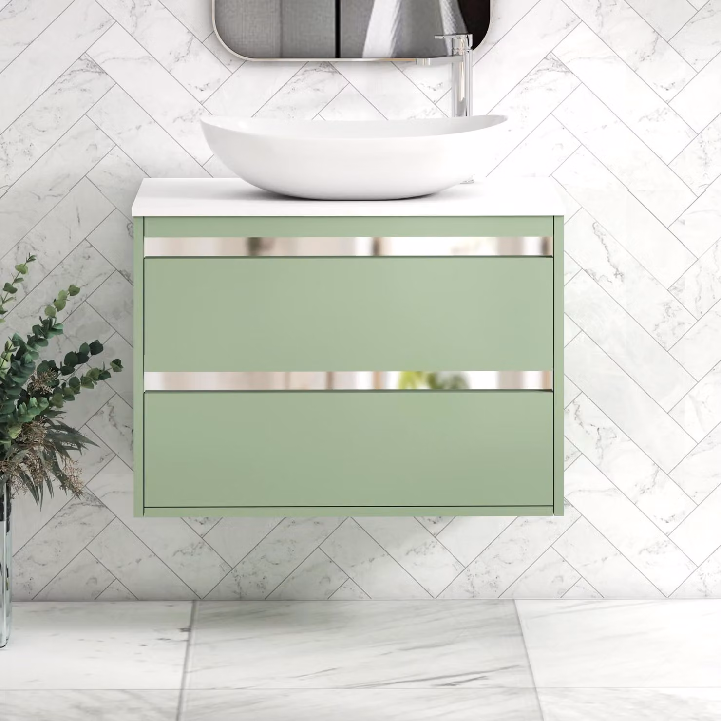 Royal Bathrooms Orion 800mm Wall Hung Vanity Unit in Mint Sage with White Cesar Basin and Chrome Accent Trim