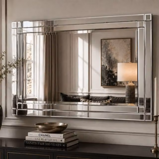 Yearn Mirrors Art Deco Double Bevelled Rectangular Wall Mirror in Black, Silver or Transparent, W: 120 cm, H: 80 cm