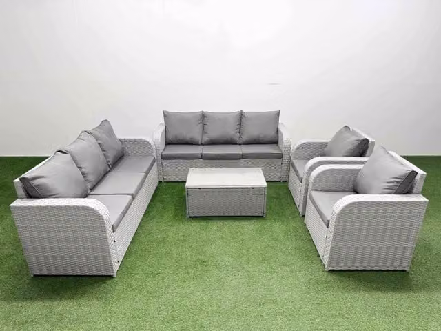 Fimous PE Rattan High Back Lounge Sofa Set in Light Grey with 3 Seater Sofa, Reclining Armchair and Coffee Table