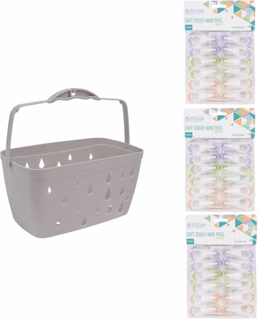 JVL Grey Peg Basket with 36 Multicolour Soft Touch Mini Clothes Pegs