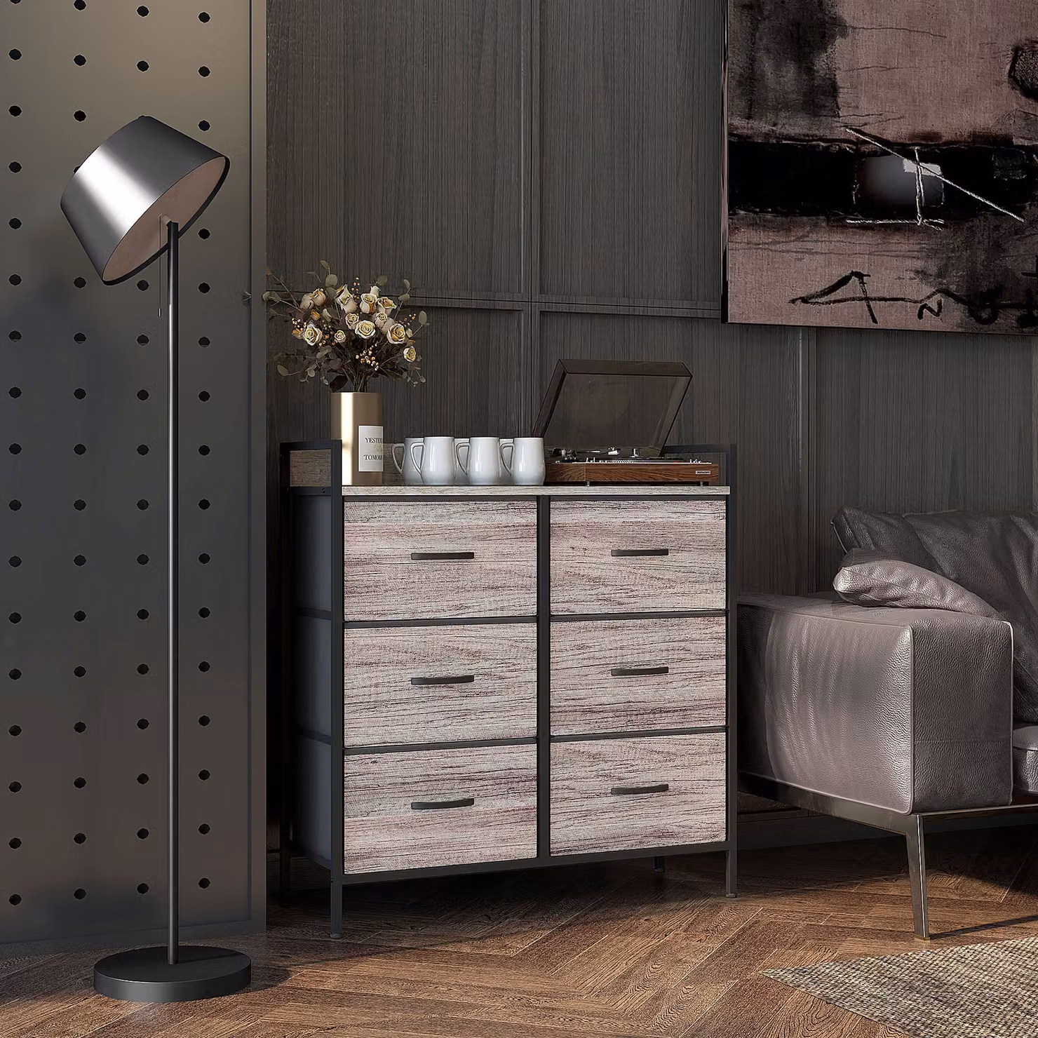HOMCOM Rustic Grey Wood Effect Chest of Six Fabric Drawers – 2
