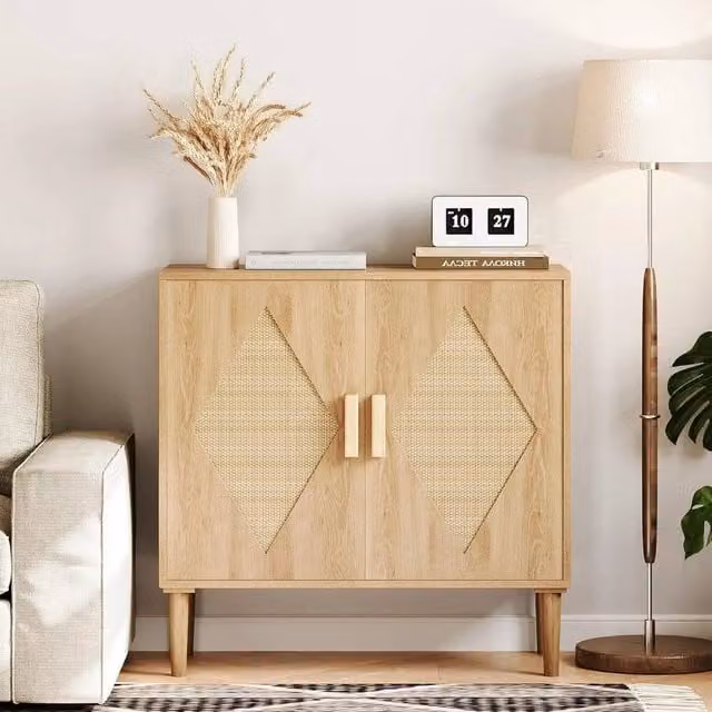 VOGREX Modern Brown Wooden Storage Cabinet with Hinged Doors and Internal Shelves