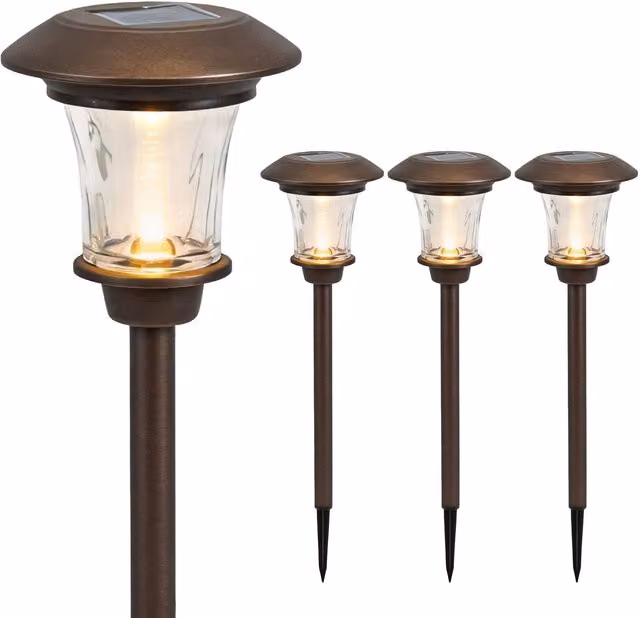 Gardenwize Pack of 4 Solar LED Metal Pathway Stake Lights in Black with Warm White Light and Dusk Sensor – 1