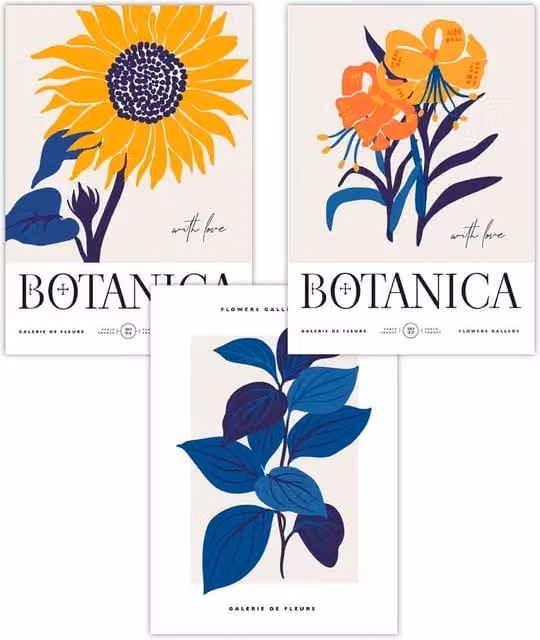 ARTZE Set of 3 Modern Floral Flower Market Art Posters in Yellow and Blue, W: 30 cm x H: 42 cm