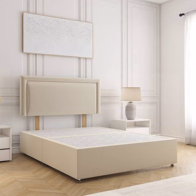 BSSPOKE Ella Super King Divan Bed with 24 inch Plush Velvet Headboard in Cream