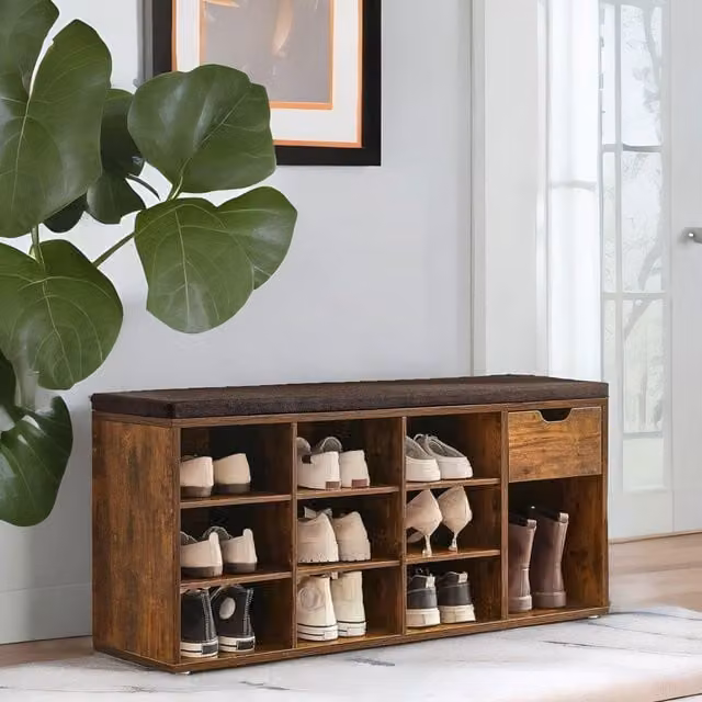 FURNOS 10 Compartment Industrial Rustic Shoe Storage Bench in Brown