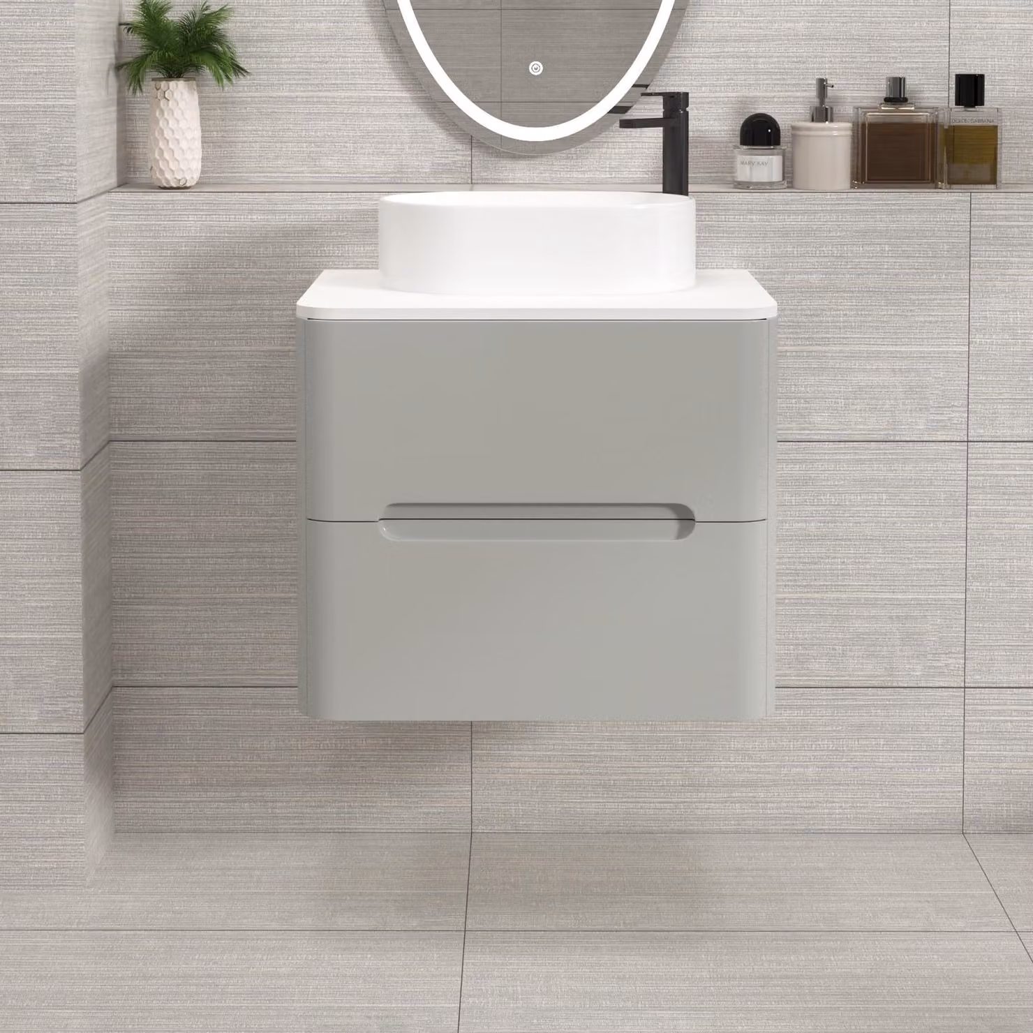 Royal Bathrooms Venice Wall Hung Vanity Unit in Dove Grey with 2 Drawers and Plain White Worktop