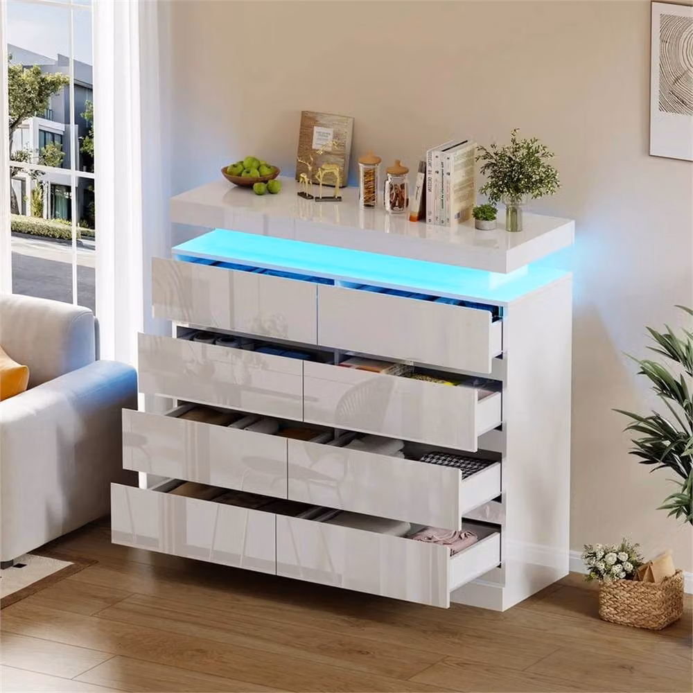 FORGEVIO Modern 8 Drawer Bedside Table Cabinet in Glossy White with Integrated Lighting – 2