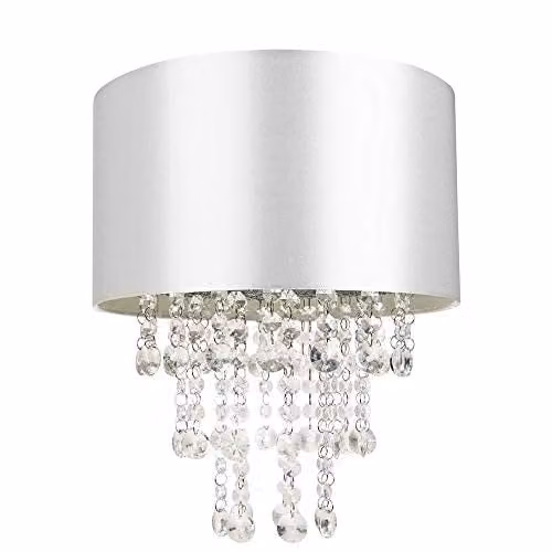 Happy Homewares Modern Grey Satin Fabric Pendant Light Shade with Transparent Acrylic Droplets, Diameter: 30 cm