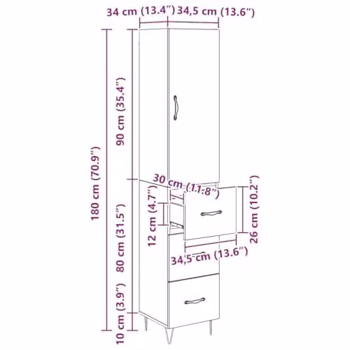 vidaXL Modern Black Oak Highboard with 3 Drawers and Hinged Doors, W/D/H: 34.5 x 34 x 90 cm – 3