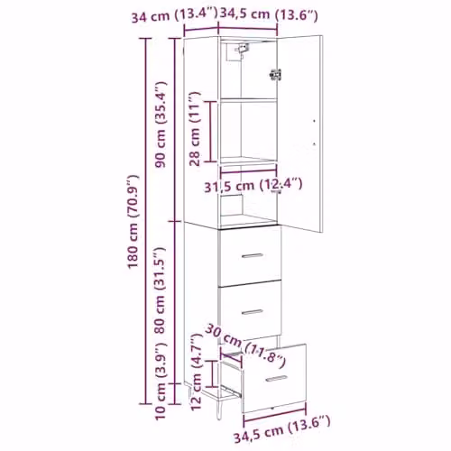 vidaXL Modern Tall Unit in Black Oak with Hinged Doors and 3 Drawers, W/D/H: 34.5 x 34 x 180 cm – 2