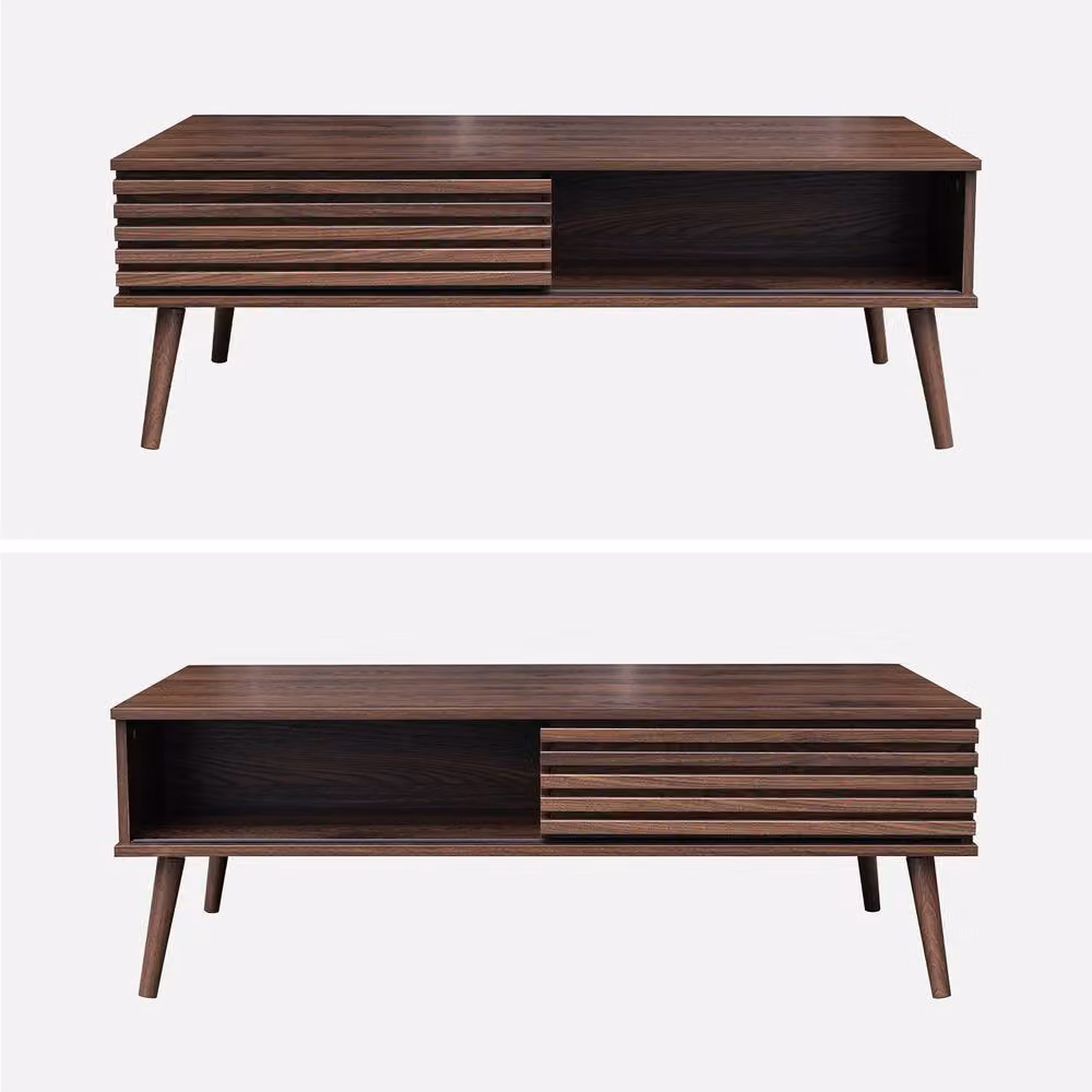 sweeek Scandinavian Style Rectangular Coffee Table with Wood Grooved Effect in Brown, W/D/H: 119 x 59 x 41.5 cm – 2