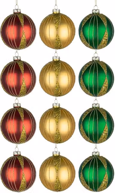 Shatchi 12-Piece Set of Red, Gold, Green and Multicolour Glass Christmas Baubles, 8 cm Round Hanging Ornaments – 8