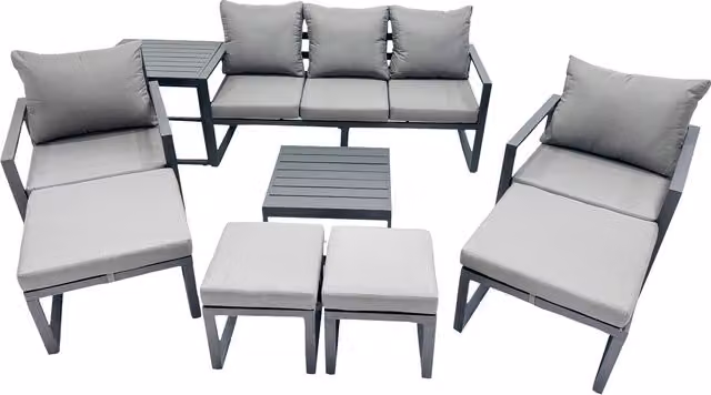 Fimous 9-Seater Aluminium Outdoor Sofa Set in Dark Grey with Coffee Table and Ottomans