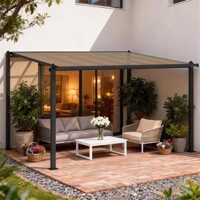 Outsunny Dark Grey Lean-to Garden Pergola with Aluminium Frame and Polycarbonate Roof, W: 360 cm, D: 300 cm