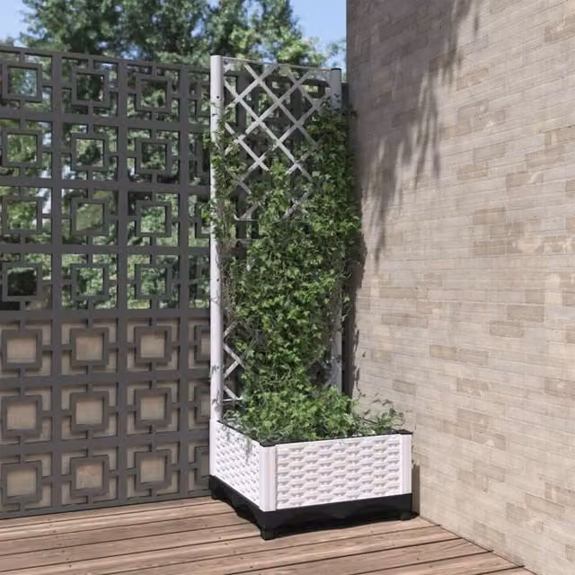 Berkfield Home Garden Planter with Trellis in White, W/D/H: 40 x 40 x 121.5 cm