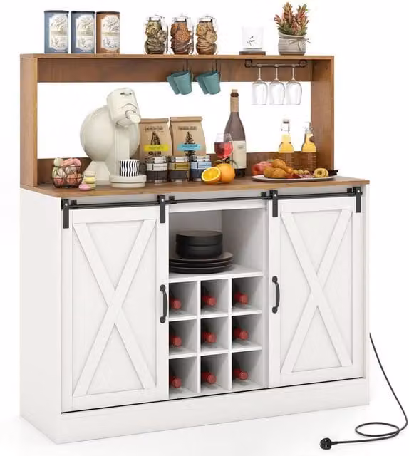 Costway Farmhouse Coffee Bar Cabinet and Wine Cabinet with Charging Station, White