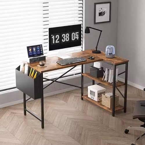 MCC Direct Lotus L Shaped Corner Computer Desk with Adjustable Shelves, Brown – 1