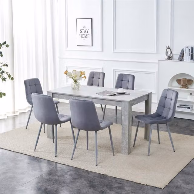 KOSY KOALA Modern Stone Grey Effect Dining Table Set with 6 Brown Velvet Chairs – 1