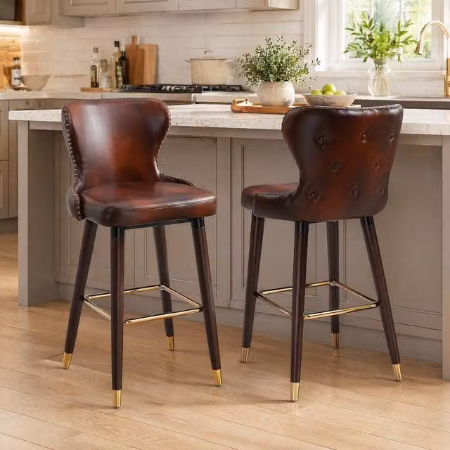 STILVORA Set of 2 Retro Bar Stools with Brown Synthetic Leather and Rubberwood Structure