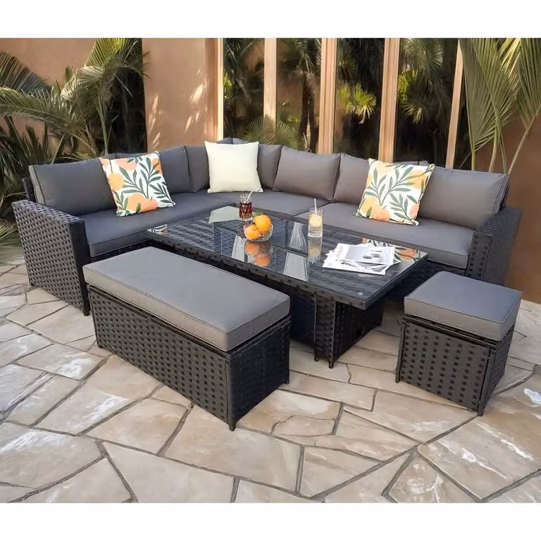 Furniture Maxi Barcelona 9 Seater Black Rattan Garden Dining Set with Height Adjustable Rising Table