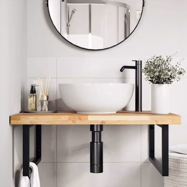 Berkfield Home Elegant Wall Mounted Basin Shelf in Brown Acacia Wood and Black Steel