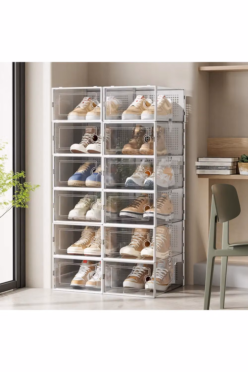 Living and Home 12-Piece Stackable Plastic Shoe Storage Box Organiser in White and Transparent – 3