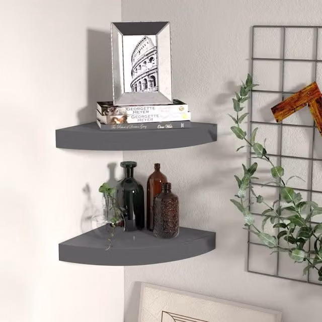 Berkfield Home Set of 2 High Gloss Grey Floating Corner Shelves, W/D/H: 25 x 25 x 3.8 cm