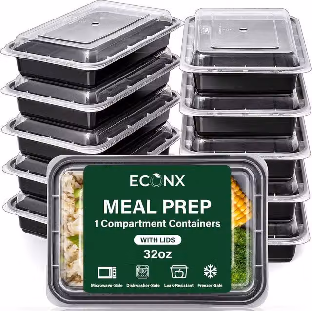 ECONX 20 Pack Black Plastic Meal Prep Food Containers with Airtight Lids, 32oz Capacity, 1 Compartment, Microwave and Dishwasher Safe – 10