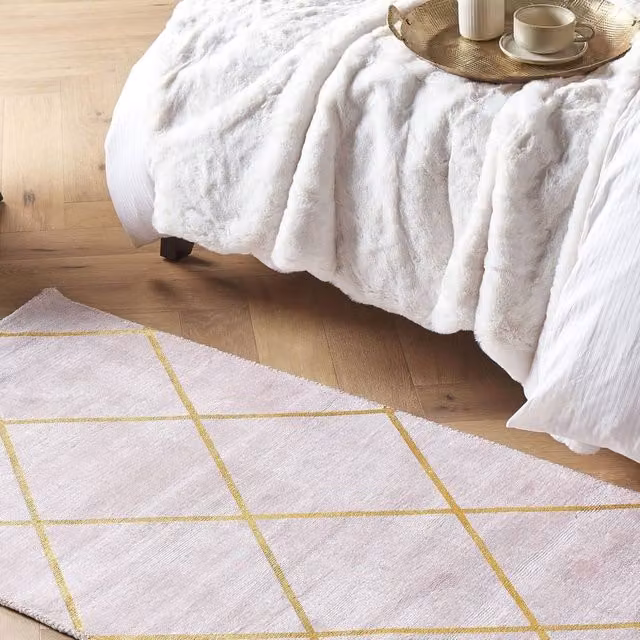 Wyld and Coco Pink and Gold Geometric Viscose Rug, W: 80 cm, L: 150 cm – 1