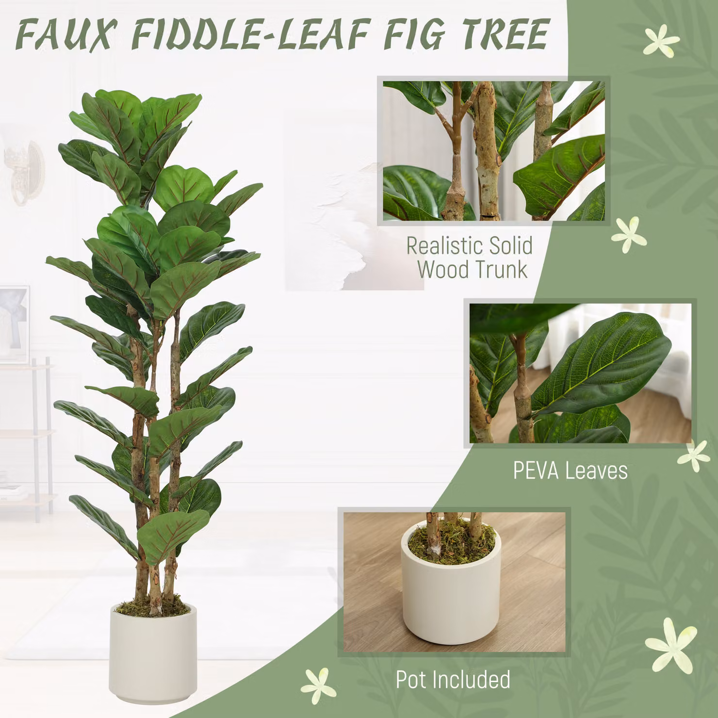 HOMCOM Set of 2 Green Artificial Fiddle Leaf Fig Trees, Height: 120 cm – 4