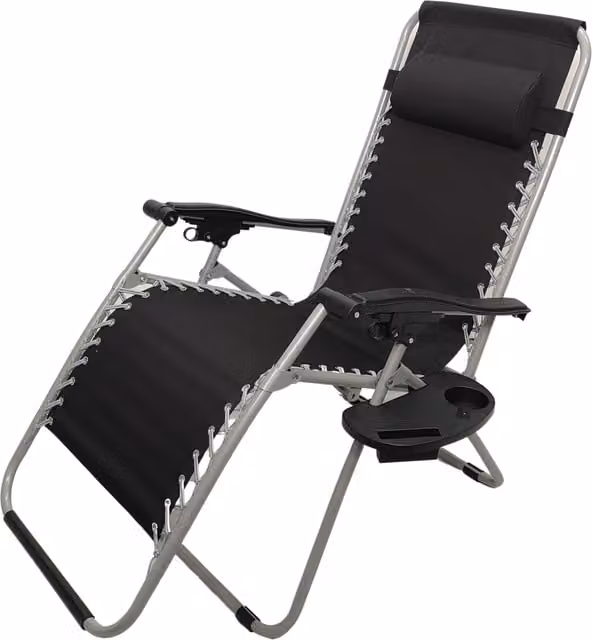 Samuel Alexander Multi Position Gravity Sun Lounger in Black and Silver with Textilene Fabric, Adjustable Headrest, Side Tray and Cup Holders
