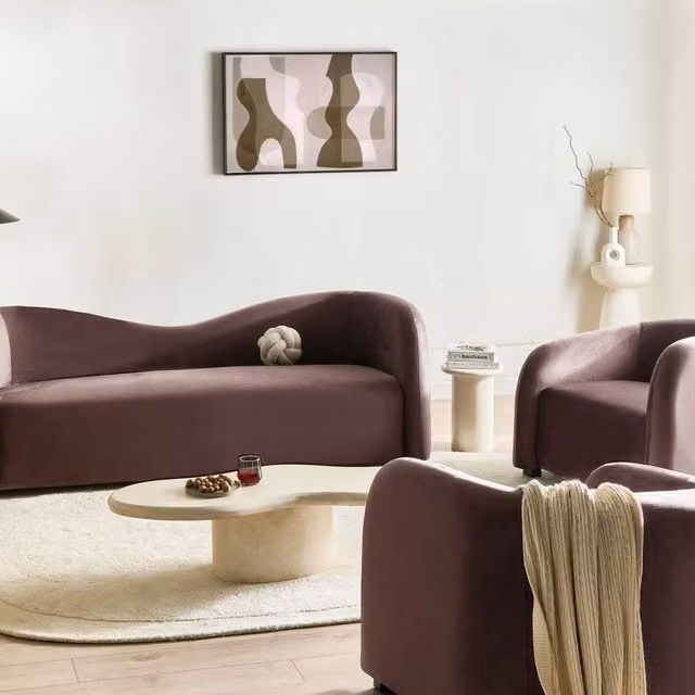 Wyld Haus Curved Velvet Sofa and Armchairs Set in Brown, W/D/H: 205 x 90 x 75 cm – 1