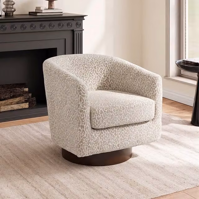 Livingandhome Swivel Upholstered Barrel Armchair with Padded Armrests in Brown and Beige Fabric
